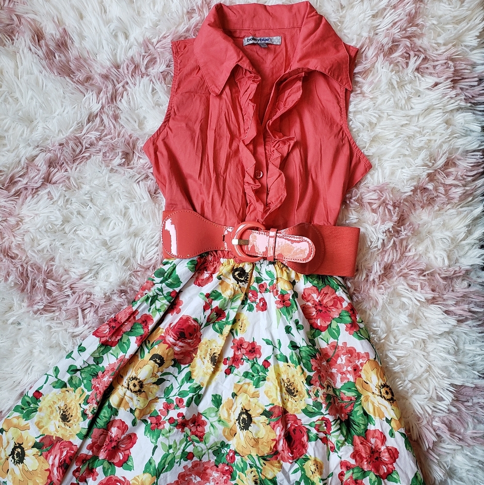 Coral and flower puffy Mini Dress